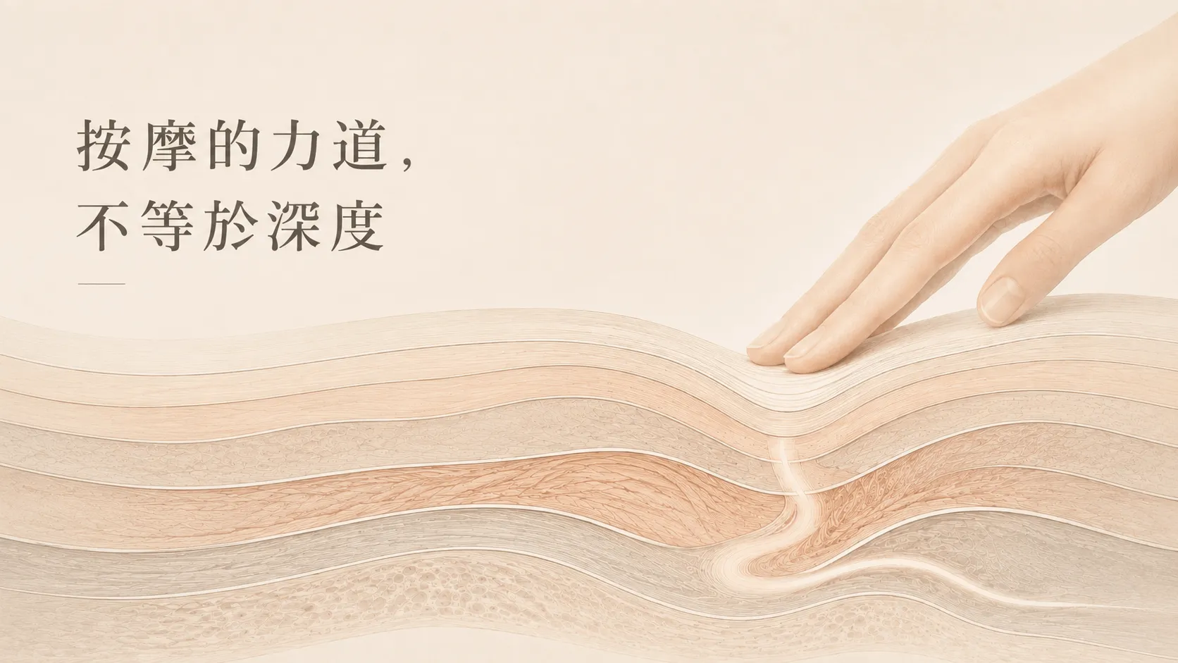 一隻手輕觸層層起伏的組織切面，左側寫著「按摩的力道，不等於深度」